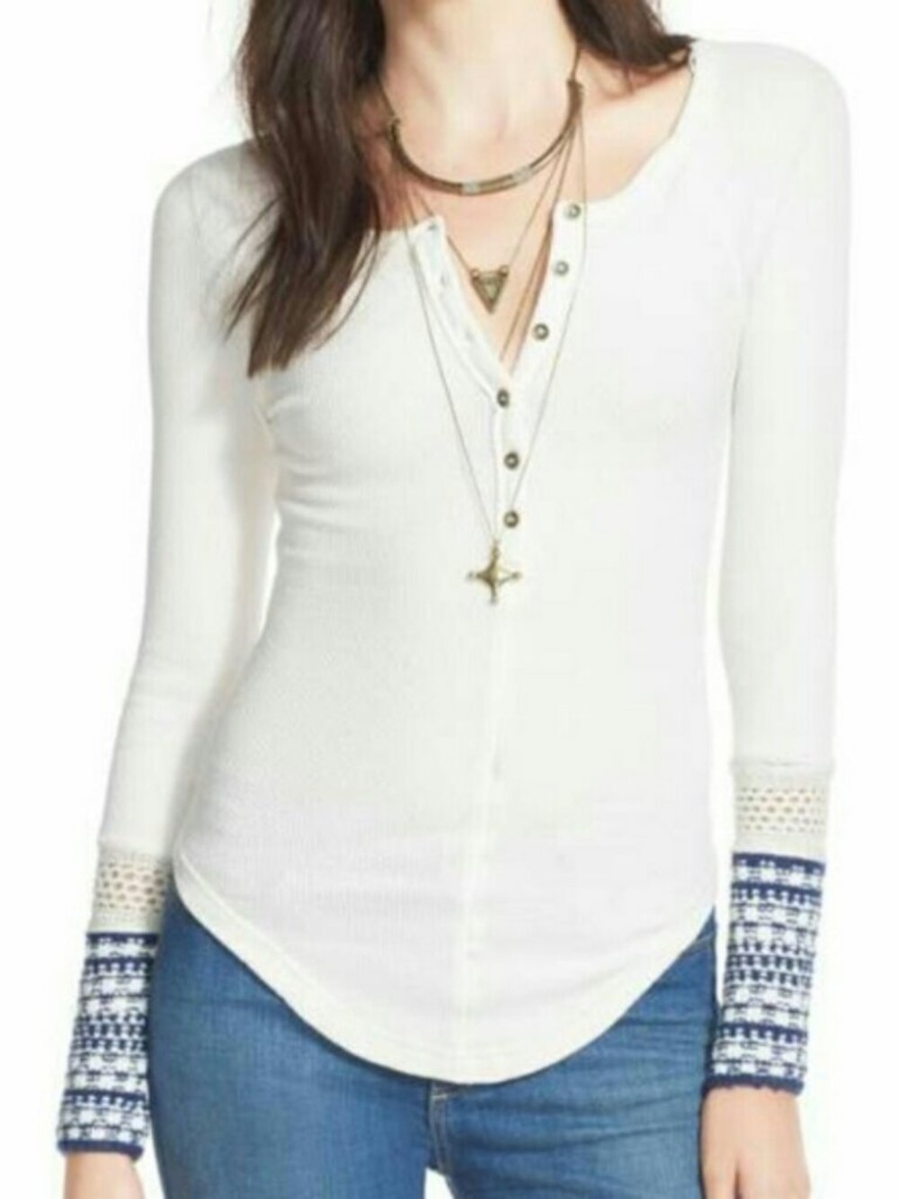 Free People Crochet Pattern Cuff Waffle Knit Henley Top Cream Size M